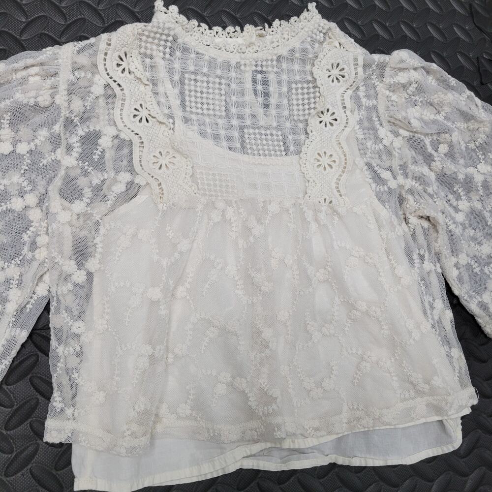 Zara Girls Lace Blouse Size 8 Ivory Embroidered Bell Sleeve Boho Cottagecore